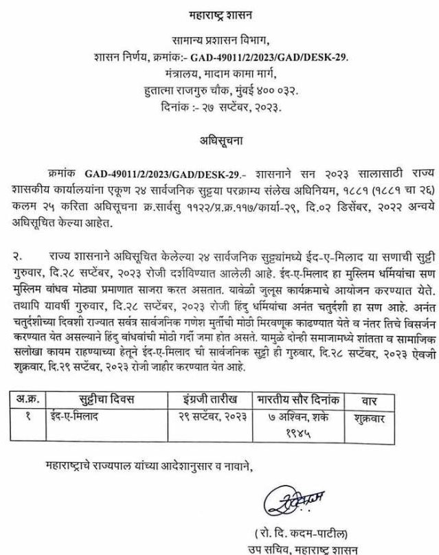 'ईद-ए-मिलाद'च्या सार्वजनिक सुट्टीमध्ये बदल..