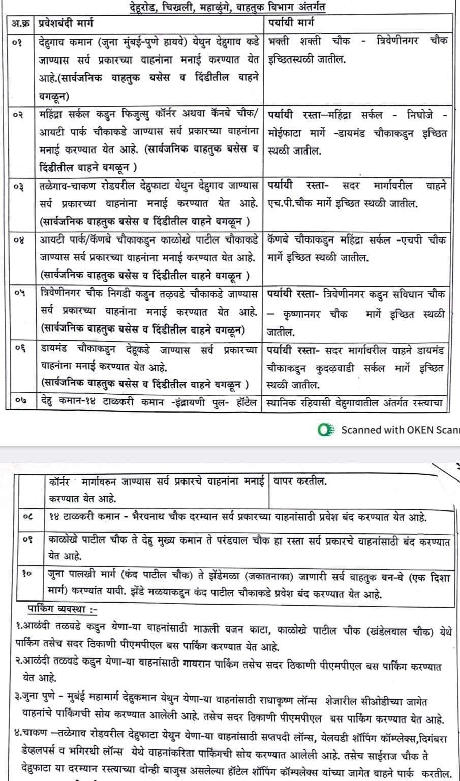 देहूगाव बीज उत्सवानिमित्त वाहतुकीत असे झालेत बदल..