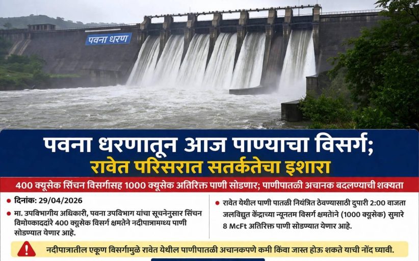 पवना धरणातून आज नदीपात्रात पाण्याचा विसर्ग..