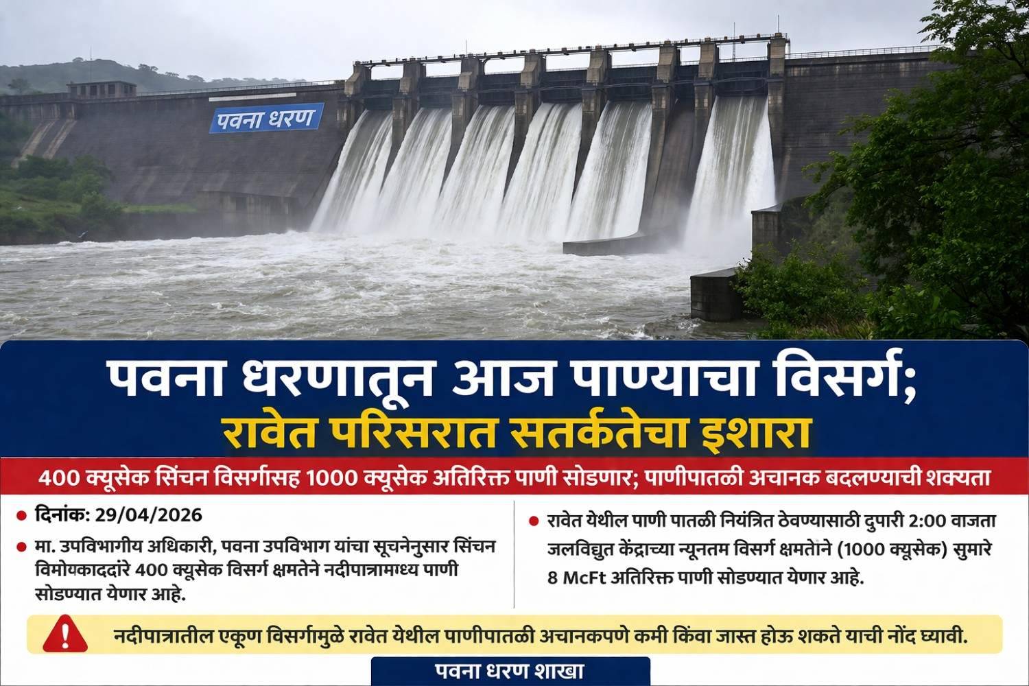 पवना धरणातून आज नदीपात्रात पाण्याचा विसर्ग..