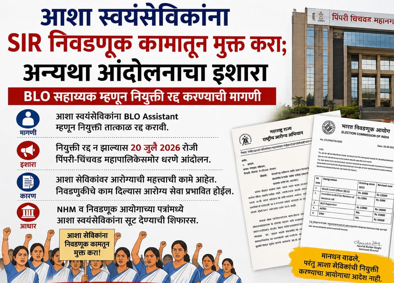 आशा स्वयंसेविकांच शुक्रवारी पिंपरी-चिंचवड महानगरपालिकेवर धरणे आंदोलन...