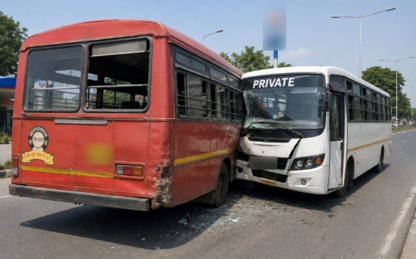 चाकणमध्ये एसटी बसची खासगी बसला धडक..!
