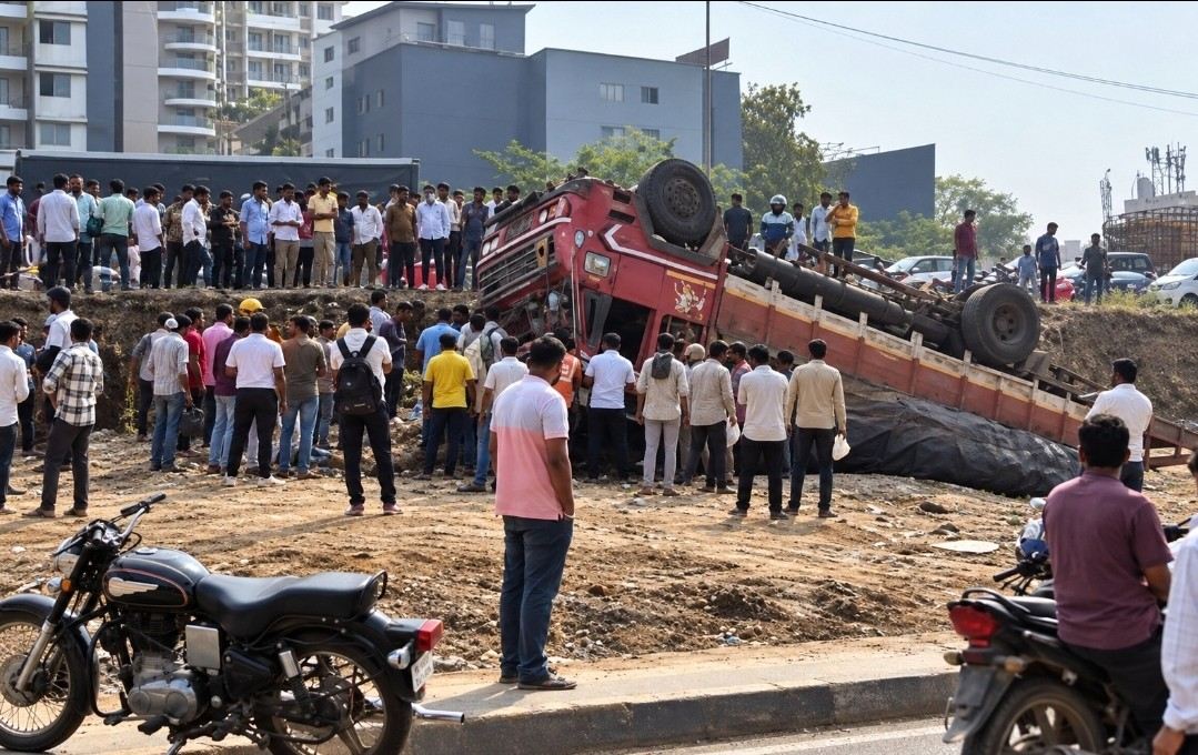 वाकडमध्ये हॉटेल जिंजरसमोर ट्रक पलटी; बघ्यांची मोठी गर्दी...