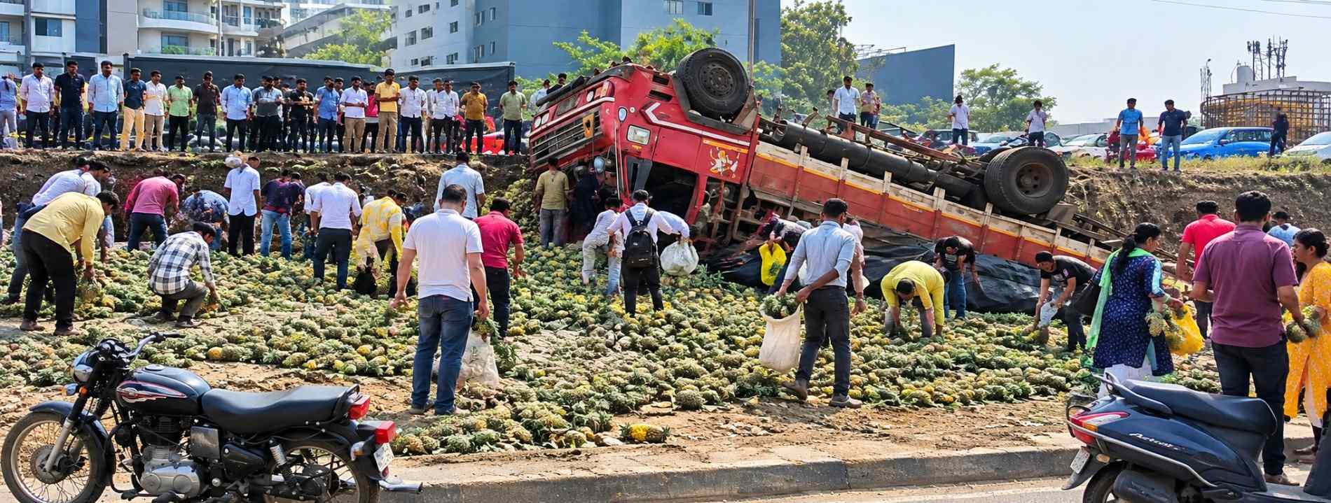 वाकडमध्ये अननसाने भरलेला ट्रक उलटला.. 